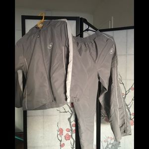 Gray and white track suit